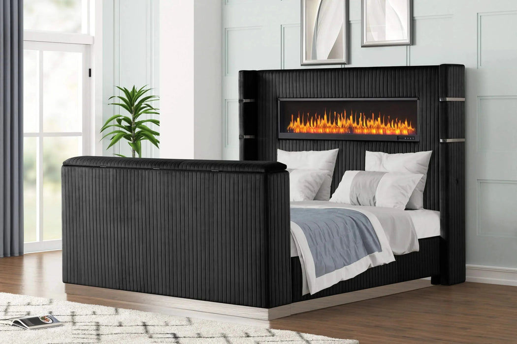 Lavish Modern Style 4 Pc Queen Bedroom Set Made with Fireplace in Headboard & TV stand in Footboard with Wood in Black(CA INVENTORY) Default -DTYStore