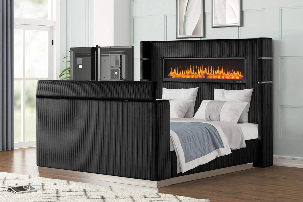 Lavish Modern Style 4 Pc Queen Bedroom Set Made with Fireplace in Headboard & TV stand in Footboard with Wood in Black(CA INVENTORY) Default -DTYStore