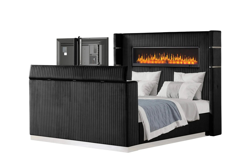 Lavish Modern Style 4 Pc Queen Bedroom Set Made with Fireplace in Headboard & TV stand in Footboard with Wood in Black(CA INVENTORY) Default -DTYStore