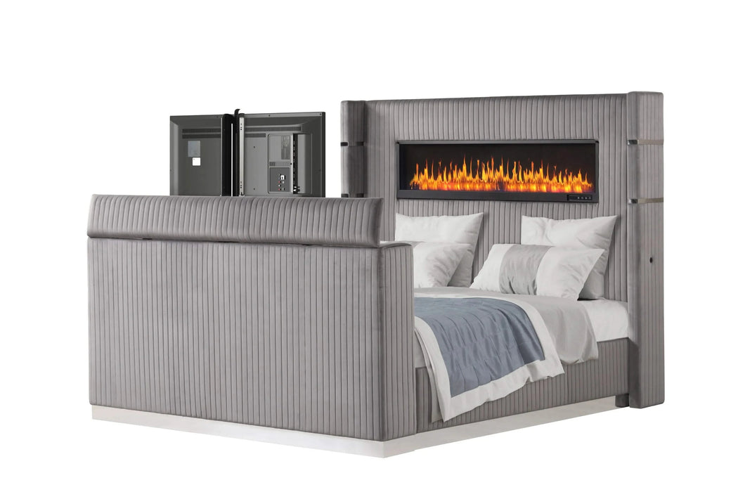 Lavish Modern Style 4 Pc Queen Bedroom Set Made with Fireplace in Headboard & TV stand in Footboard with Wood in Grey(CA INVENTORY) Default -DTYStore