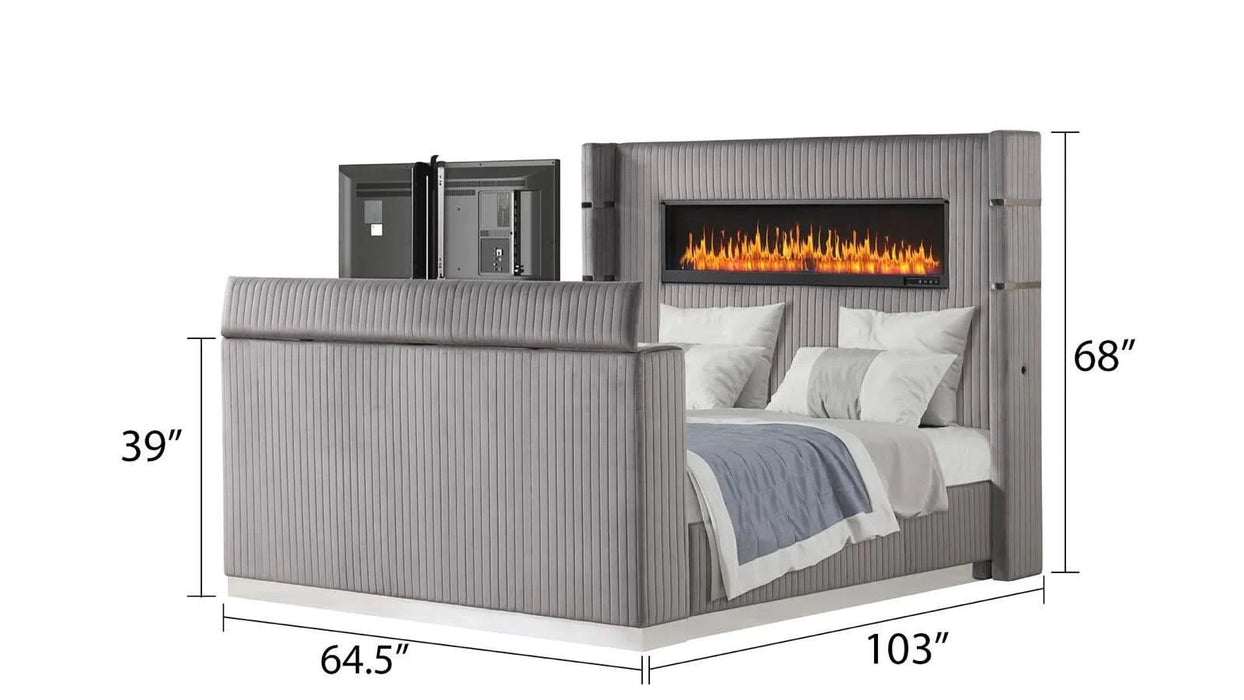 Lavish Modern Style 4 Pc Queen Bedroom Set Made with Fireplace in Headboard & TV stand in Footboard with Wood in Grey(CA INVENTORY) Default -DTYStore