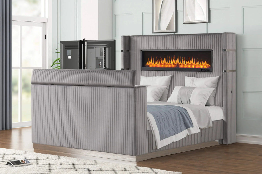 Lavish Modern Style 4 Pc Queen Bedroom Set Made with Fireplace in Headboard & TV stand in Footboard with Wood in Grey(CA INVENTORY) Default -DTYStore