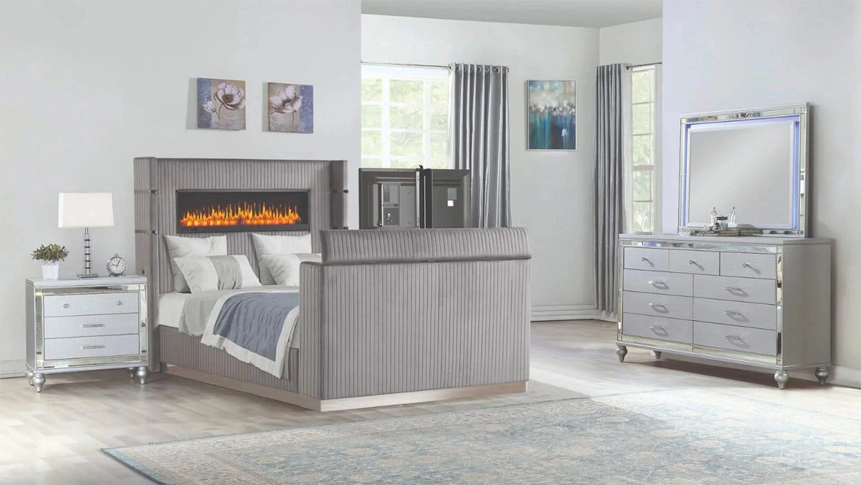 Lavish Modern Style 4 Pc Queen Bedroom Set Made with Fireplace in Headboard & TV stand in Footboard with Wood in Grey(CA INVENTORY) Default -DTYStore