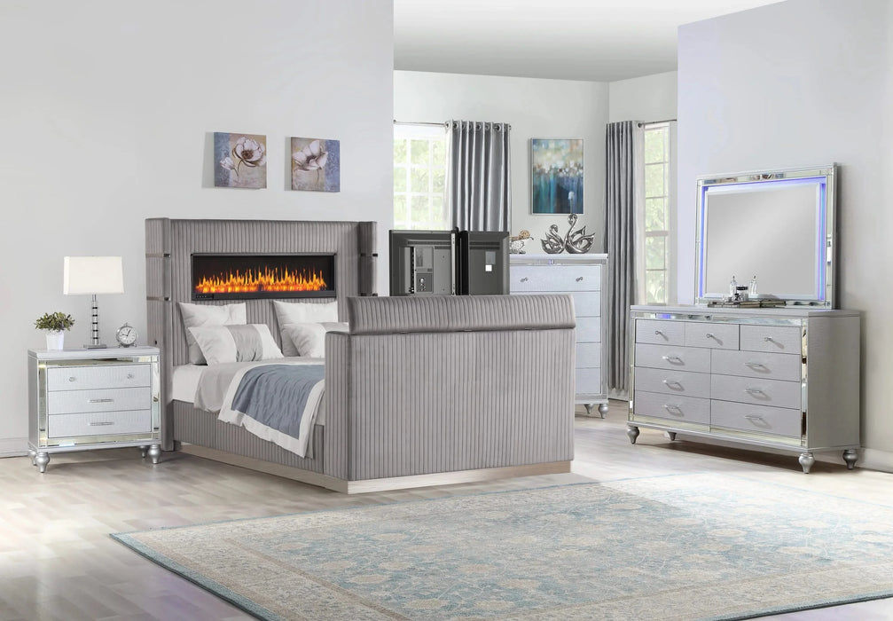Lavish Modern Style 5 Pc King Bedroom Set Made with Fireplace in Headboard & TV stand in Footboard with Wood in Grey(CA INVENTORY) Default -DTYStore