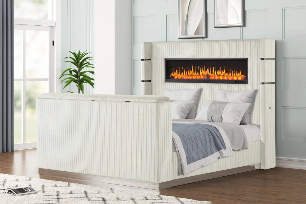 Lavish Modern Style 5 Pc Queen Bedroom Set Made with Fireplace in Headboard & TV stand in Footboard with Wood in Beige Default -DTYStore