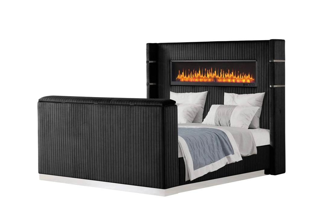 Lavish Modern Style 5 Pc Queen Bedroom Set Made with Fireplace in Headboard & TV stand in Footboard with Wood in Black(CA INVENTORY) Default -DTYStore
