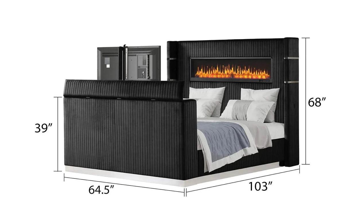 Lavish Modern Style 5 Pc Queen Bedroom Set Made with Fireplace in Headboard & TV stand in Footboard with Wood in Black(CA INVENTORY) Default -DTYStore