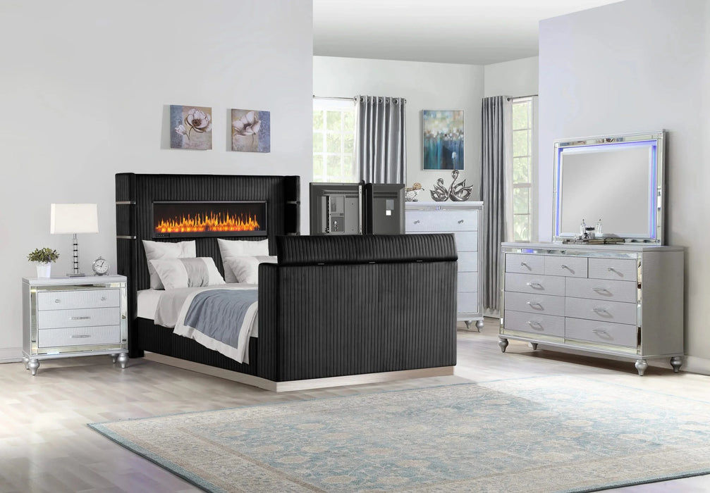 Lavish Modern Style 5 Pc Queen Bedroom Set Made with Fireplace in Headboard & TV stand in Footboard with Wood in Black(CA INVENTORY) Default -DTYStore