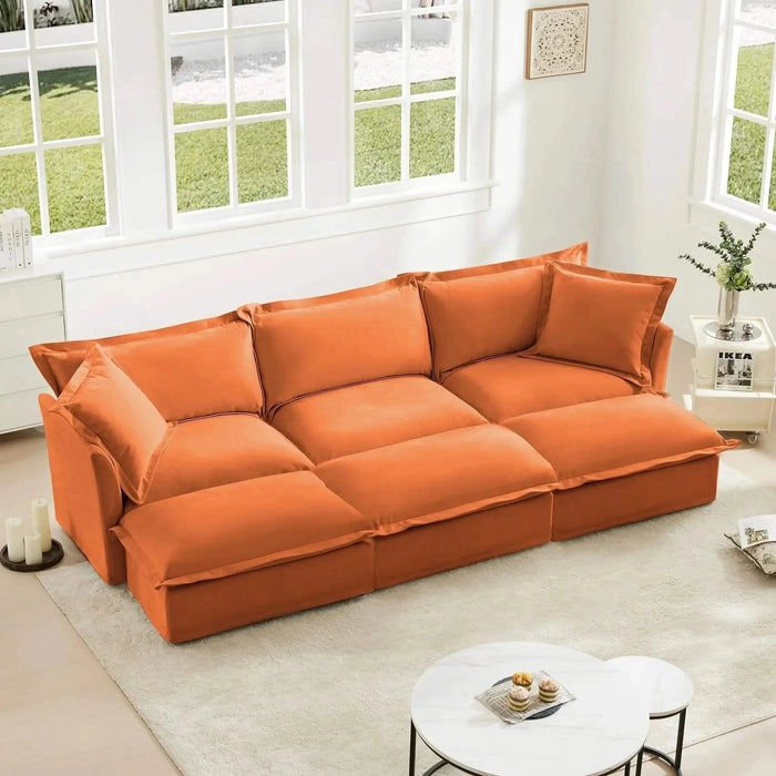 Living Room Sofa Slipcovered Sofa 3 Seater Sofa With 3 Ottomans, Oversized 3-Seat Sleeper Sofa Bed Home Theater Sofa, Chenille Orange -DTYStore