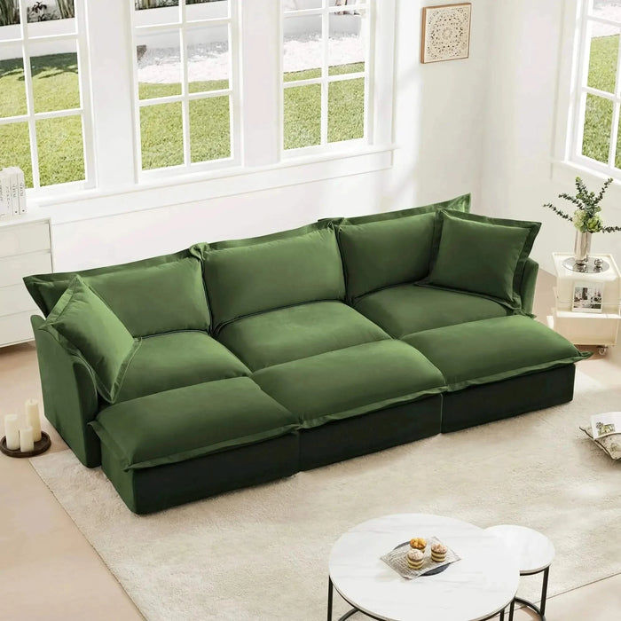 Living Room Sofa Slipcovered Sofa 3 Seater Sofa With 3 Ottomans, Oversized 3-Seat Sleeper Sofa Bed Home Theater Sofa, Chenille Green -DTYStore
