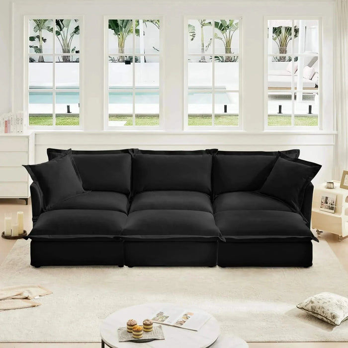 Living Room Sofa Slipcovered Sofa 3 Seater Sofa With 3 Ottomans, Oversized 3-Seat Sleeper Sofa Bed Home Theater Sofa, Chenille Black -DTYStore