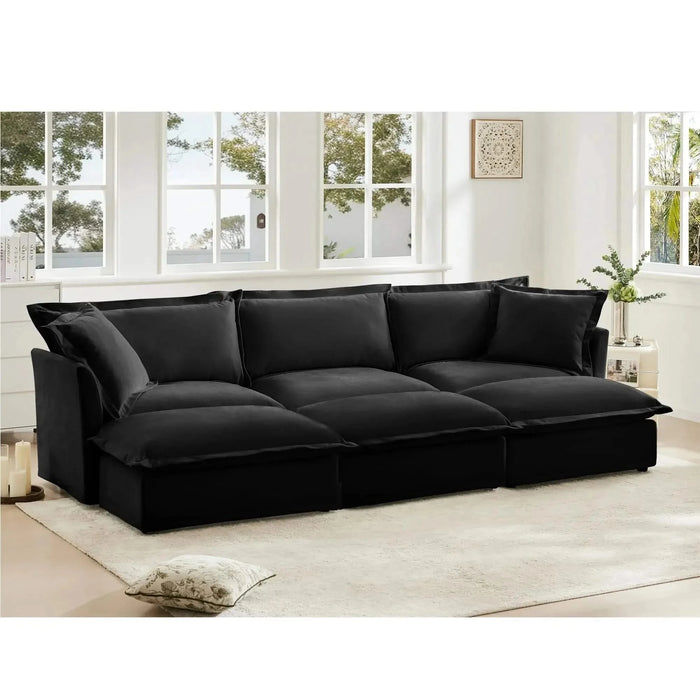 Living Room Sofa Slipcovered Sofa 3 Seater Sofa With 3 Ottomans, Oversized 3-Seat Sleeper Sofa Bed Home Theater Sofa, Chenille Black -DTYStore