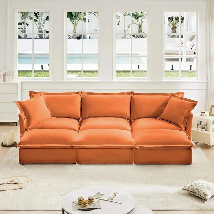 Living Room Sofa Slipcovered Sofa 3 Seater Sofa With 3 Ottomans, Oversized 3-Seat Sleeper Sofa Bed Home Theater Sofa, Chenille Orange -DTYStore