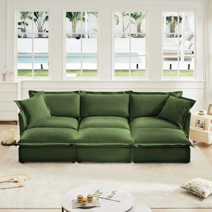 Living Room Sofa Slipcovered Sofa 3 Seater Sofa With 3 Ottomans, Oversized 3-Seat Sleeper Sofa Bed Home Theater Sofa, Chenille Green -DTYStore