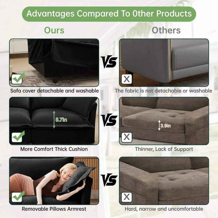 Living Room Sofa Slipcovered Sofa 3 Seater Sofa With 3 Ottomans, Oversized 3-Seat Sleeper Sofa Bed Home Theater Sofa, Chenille Black -DTYStore