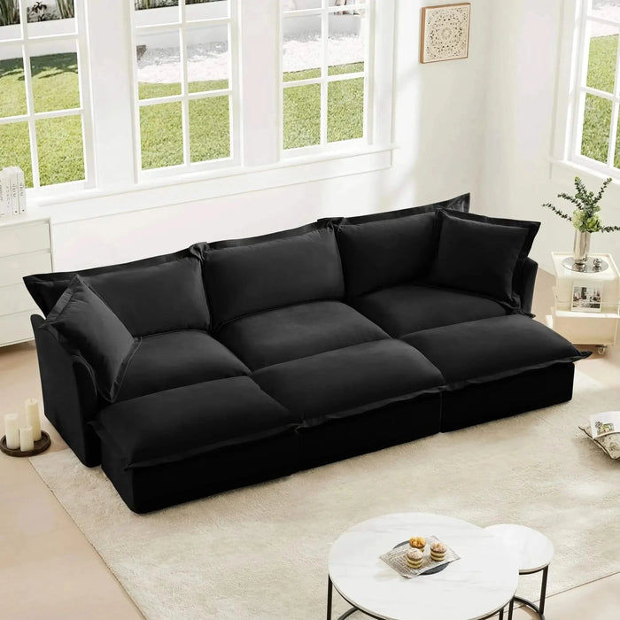 Living Room Sofa Slipcovered Sofa 3 Seater Sofa With 3 Ottomans, Oversized 3-Seat Sleeper Sofa Bed Home Theater Sofa, Chenille Black -DTYStore