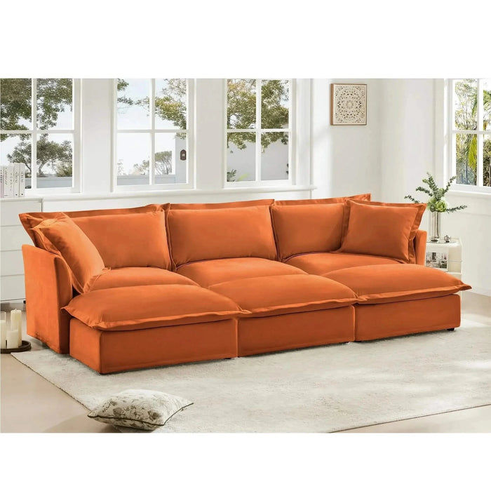 Living Room Sofa Slipcovered Sofa 3 Seater Sofa With 3 Ottomans, Oversized 3-Seat Sleeper Sofa Bed Home Theater Sofa, Chenille Orange -DTYStore
