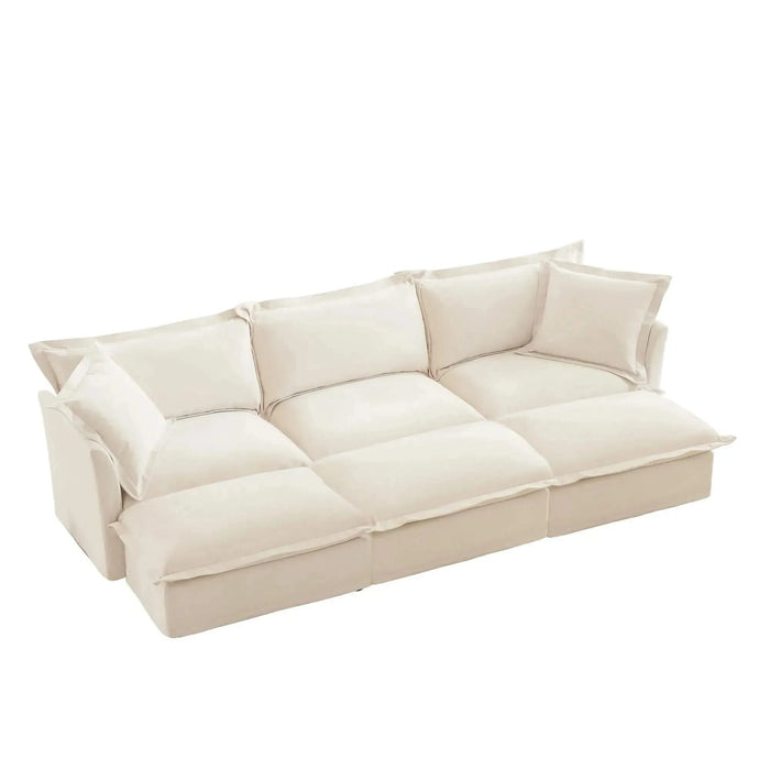 Living Room Sofa Slipcovered Sofa 3 Seater Sofa With 3 Ottomans, Oversized 3-Seat Sleeper Sofa Bed Home Theater Sofa, Chenille Cream -DTYStore