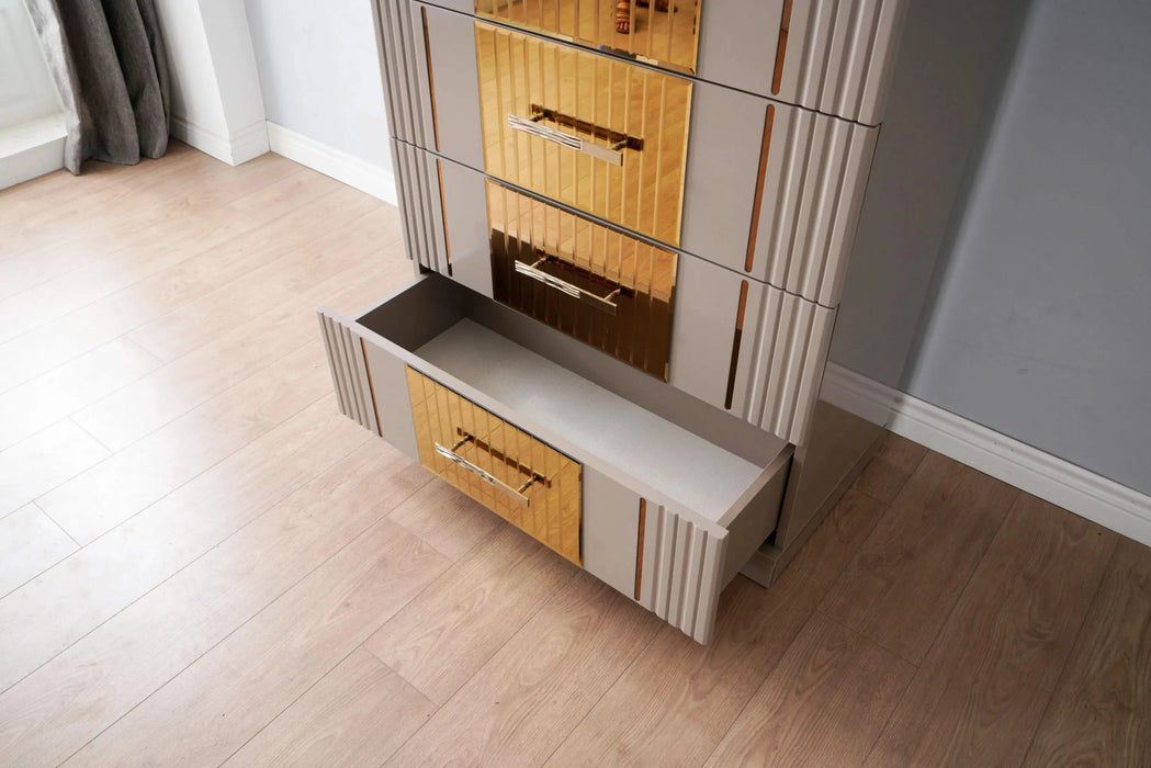 Lorenzo Queen 5 Pc Tufted Upholstery Bedroom set made with Wood and Gold Accents in Gray(NJ Warehouse Inventory) Default -DTYStore