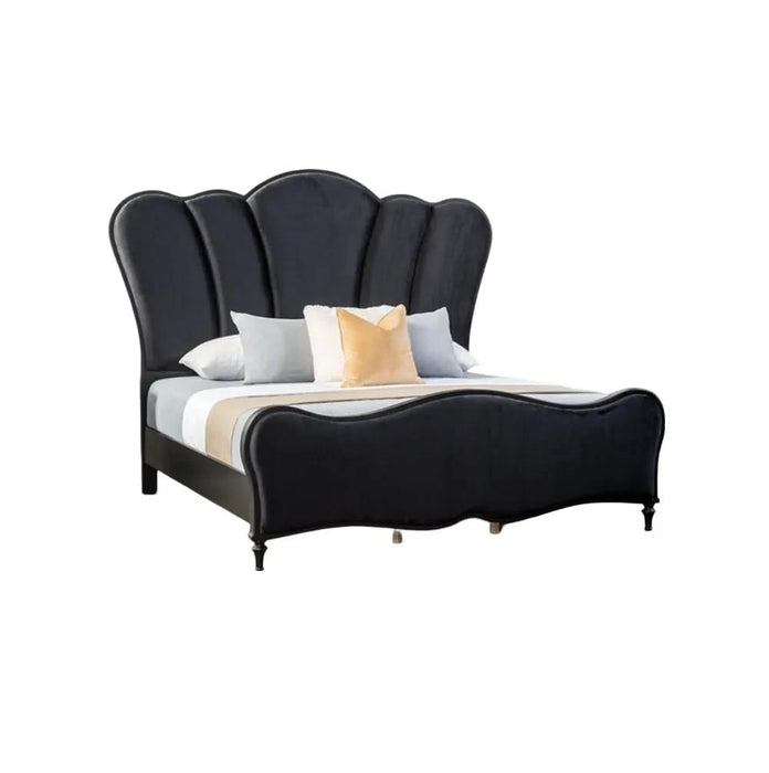 Lovely Attractive Bedroom 3pc Set Queen Size Bed 2x Nightstands Black Fabric Padded HB Wood Legs Default -DTYStore