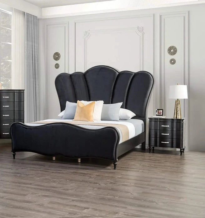 Lovely Attractive Bedroom 3pc Set Queen Size Bed 2x Nightstands Black Fabric Padded HB Wood Legs Default -DTYStore