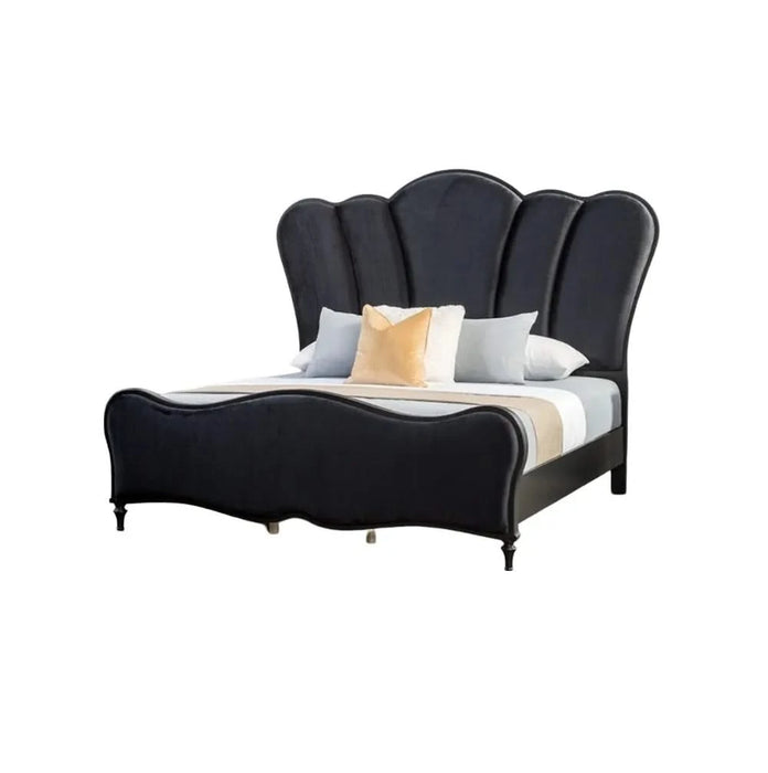 Lovely Attractive Bedroom 3pc Set Queen Size Bed 2x Nightstands Black Fabric Padded HB Wood Legs Default -DTYStore