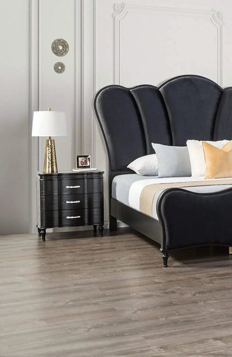 Lovely Attractive Bedroom 3pc Set Queen Size Bed 2x Nightstands Black Fabric Padded HB Wood Legs Default -DTYStore