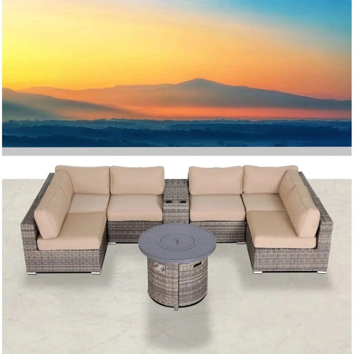 Luxurious Patio 8-Piece Sectional Set with Fire Pit and Durable Grey Wicker Cushions Default -DTYStore