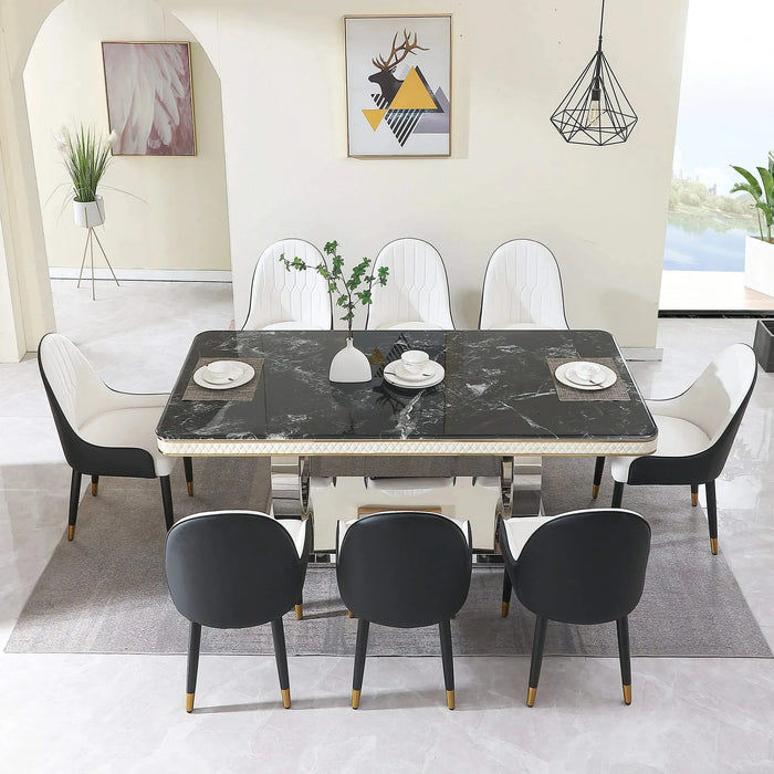 Luxury Modern 78.7in Black Dining Table with Faux Marble Top and Dual Circle Base Default -DTYStore