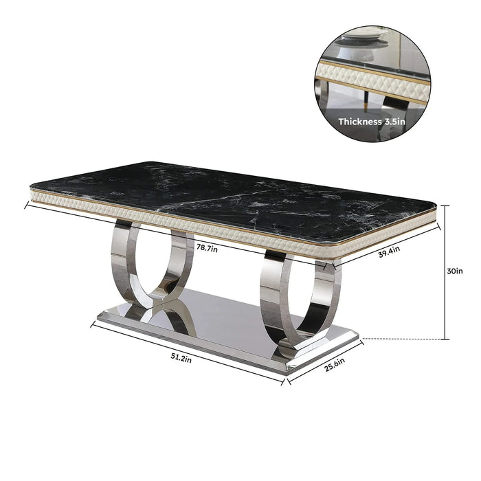 Luxury Modern 78.7in Black Dining Table with Faux Marble Top and Dual Circle Base Default -DTYStore
