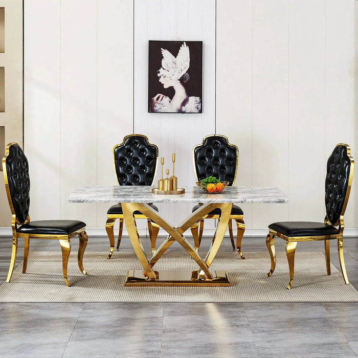 Marble Dining Table for 6 People, 70'' Rectangle Faux Marble Dining Table with Mirrored Finish Stainless Steel Base, Modern Large Size Marble Kitchen Table (Gold,Gray)(only table) Default -DTYStore