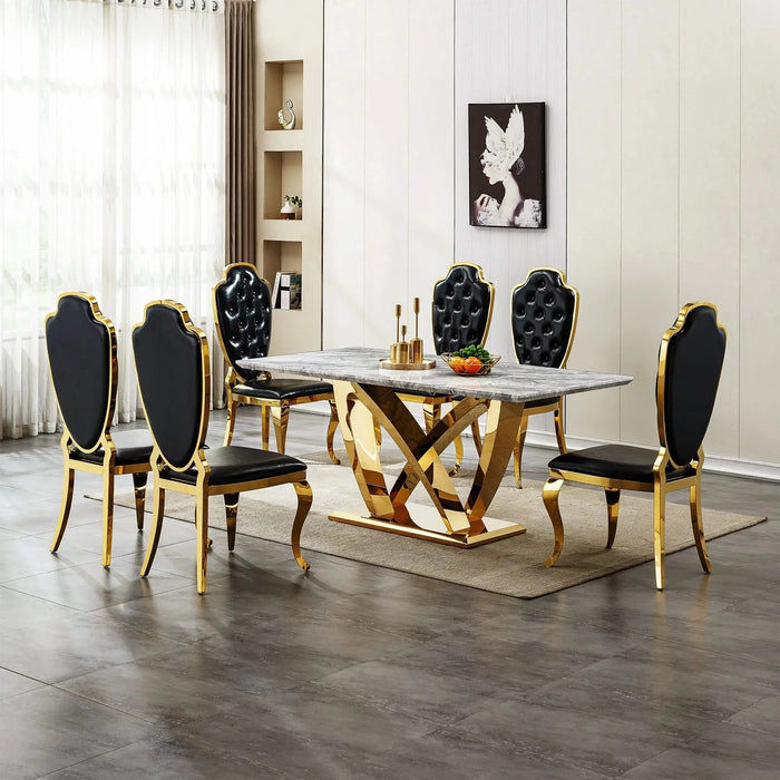 Marble Dining Table for 6 People, 70'' Rectangle Faux Marble Dining Table with Mirrored Finish Stainless Steel Base, Modern Large Size Marble Kitchen Table (Gold,Gray)(only table) Default -DTYStore