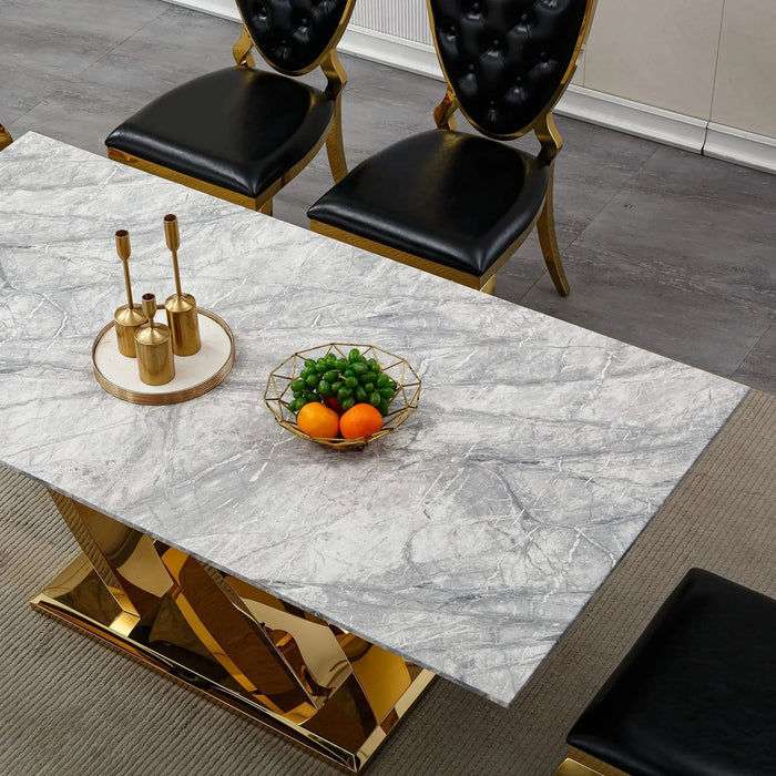 Marble Dining Table for 6 People, 70'' Rectangle Faux Marble Dining Table with Mirrored Finish Stainless Steel Base, Modern Large Size Marble Kitchen Table (Gold,Gray)(only table) Default -DTYStore