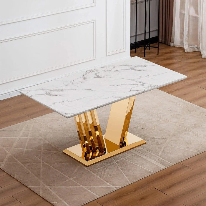 Marble Dining Table for 6 People, 70'' Rectangle Faux Marble Dining Table with Mirrored Finish Stainless Steel Base, Modern Large Size Marble Kitchen Table (Gold,White)(only table) Default -DTYStore