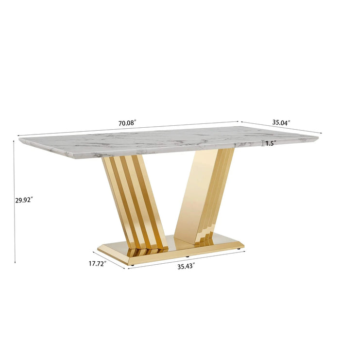 Marble Dining Table for 6 People, 70'' Rectangle Faux Marble Dining Table with Mirrored Finish Stainless Steel Base, Modern Large Size Marble Kitchen Table (Gold,White)(only table) Default -DTYStore