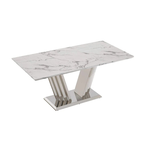 Marble Dining Table for 6 People, 70'' Rectangle Faux Marble Dining Table with Mirrored Finish Stainless Steel Base, Modern Large Size Marble Kitchen Table (Silver,White)(only table) Default -DTYStore