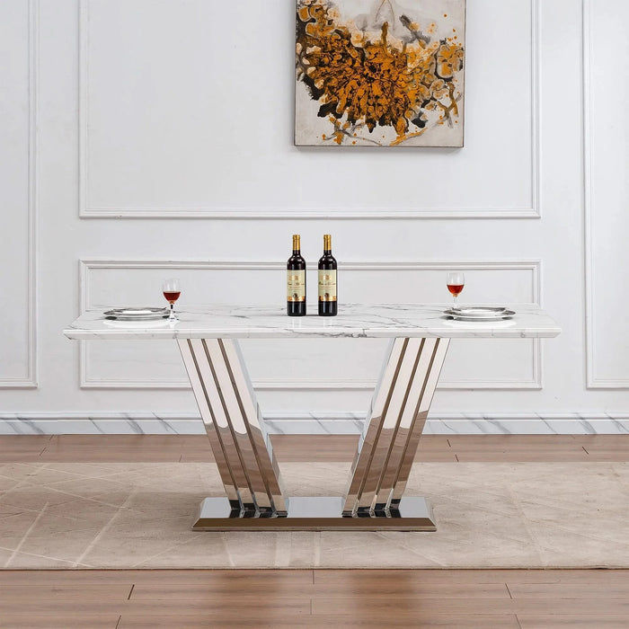 Marble Dining Table for 6 People, 70'' Rectangle Faux Marble Dining Table with Mirrored Finish Stainless Steel Base, Modern Large Size Marble Kitchen Table (Silver,White)(only table) Default -DTYStore