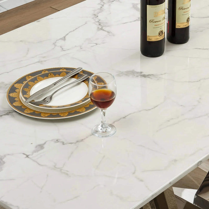 Marble Dining Table for 6 People, 70'' Rectangle Faux Marble Dining Table with Mirrored Finish Stainless Steel Base, Modern Large Size Marble Kitchen Table (Silver,White)(only table) Default -DTYStore