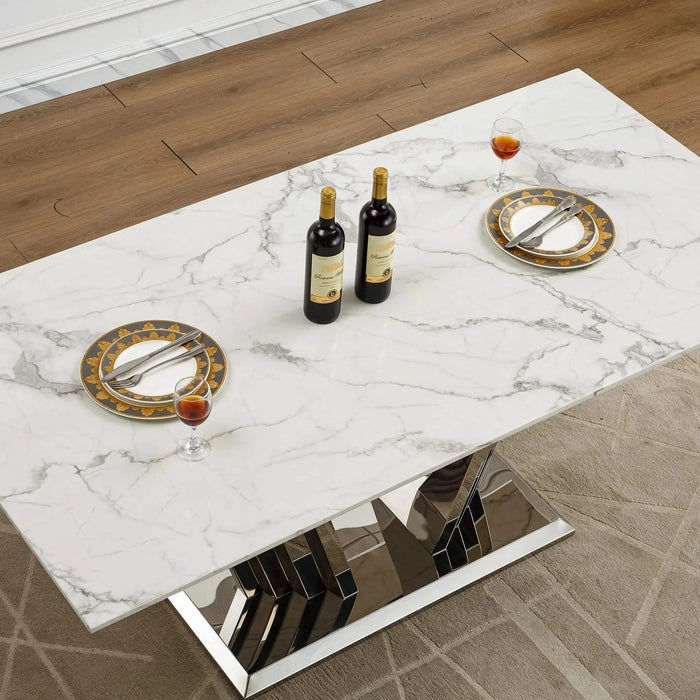 Marble Dining Table for 6 People, 70'' Rectangle Faux Marble Dining Table with Mirrored Finish Stainless Steel Base, Modern Large Size Marble Kitchen Table (Silver,White)(only table) Default -DTYStore