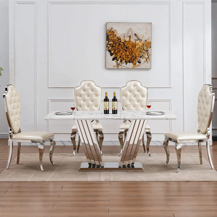 Marble Dining Table for 6 People, 70'' Rectangle Faux Marble Dining Table with Mirrored Finish Stainless Steel Base, Modern Large Size Marble Kitchen Table (Silver,White)(only table) Default -DTYStore