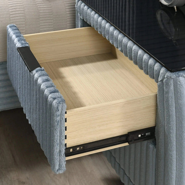 Mavela Wide Wale Corduroy Upholstery Panel King Bed with 2 Nightstands and Bench, Blue Default -DTYStore