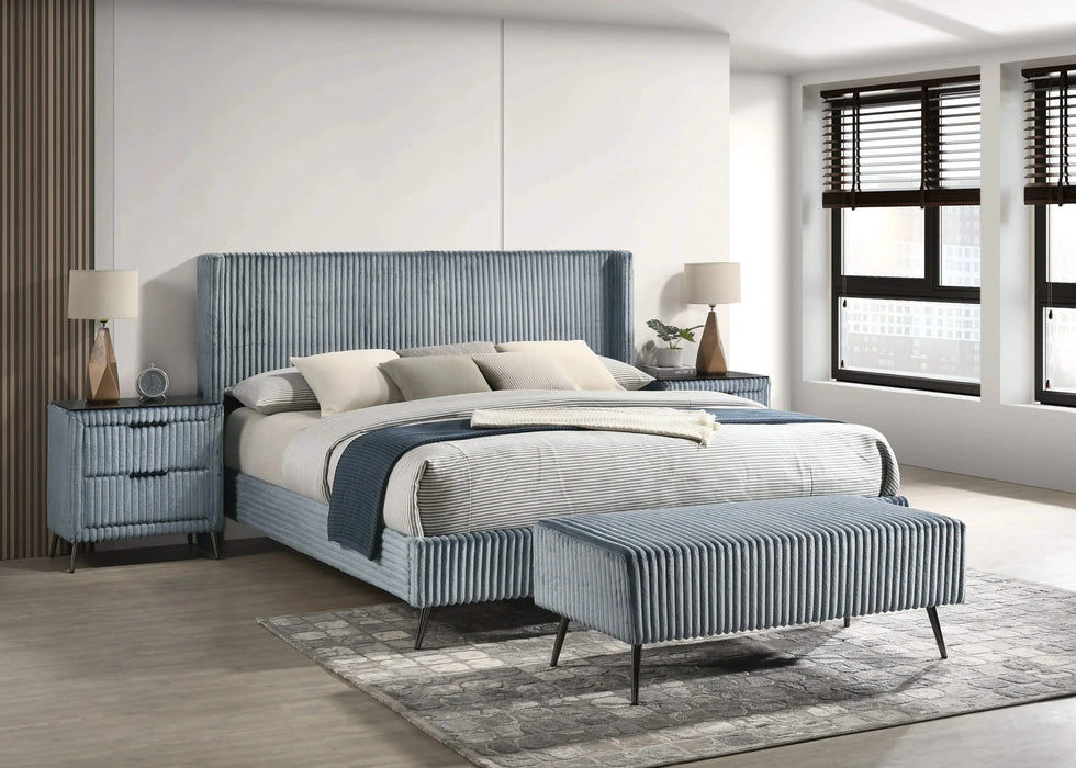 Mavela Wide Wale Corduroy Upholstery Panel King Bed with 2 Nightstands and Bench, Blue Default -DTYStore