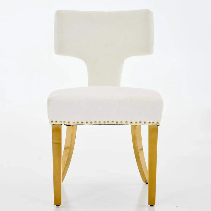 Mid Century Modern Dining Chairs Set of 2, Farmhouse Chenille Fabric Upholstered Accent Chair Curved Backrest with Copper Nails around,Kitchen Chairs with Golden Stainless Steel Plating Legs, Beige Default -DTYStore