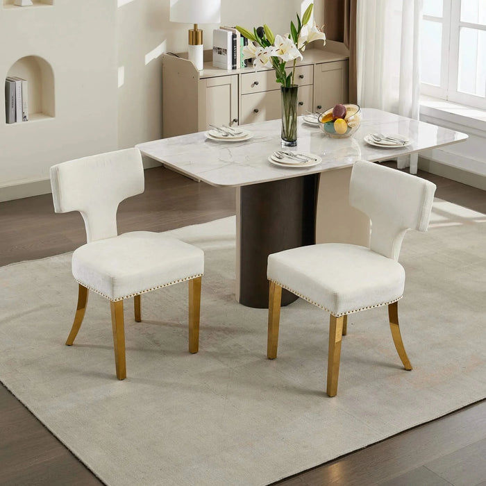 Mid Century Modern Dining Chairs Set of 2, Farmhouse Chenille Fabric Upholstered Accent Chair Curved Backrest with Copper Nails around,Kitchen Chairs with Golden Stainless Steel Plating Legs, Beige Default -DTYStore