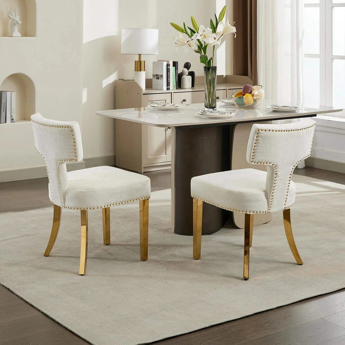 Mid Century Modern Dining Chairs Set of 2, Farmhouse Chenille Fabric Upholstered Accent Chair Curved Backrest with Copper Nails around,Kitchen Chairs with Golden Stainless Steel Plating Legs, Beige Default -DTYStore