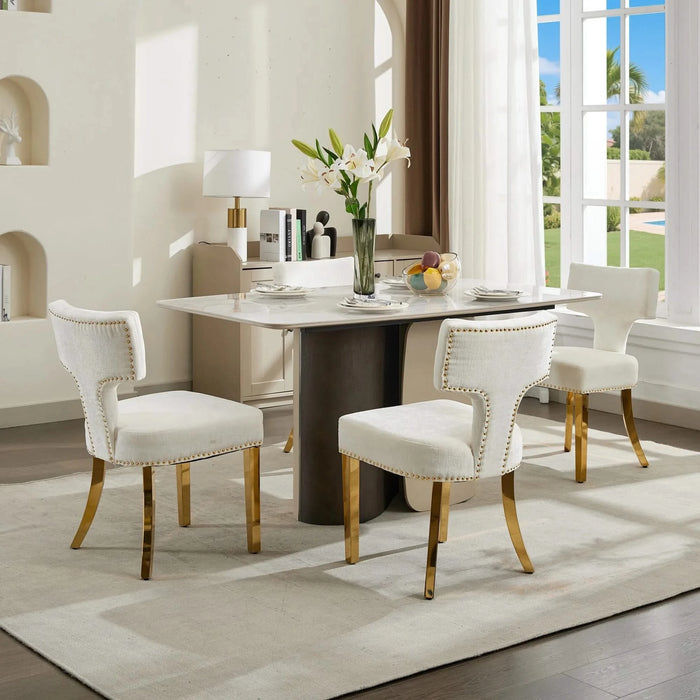 Mid Century Modern Dining Chairs Set of 2, Farmhouse Chenille Fabric Upholstered Accent Chair Curved Backrest with Copper Nails around,Kitchen Chairs with Golden Stainless Steel Plating Legs, Beige Default -DTYStore