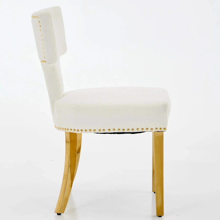 Mid Century Modern Dining Chairs Set of 2, Farmhouse Chenille Fabric Upholstered Accent Chair Curved Backrest with Copper Nails around,Kitchen Chairs with Golden Stainless Steel Plating Legs, Beige Default -DTYStore