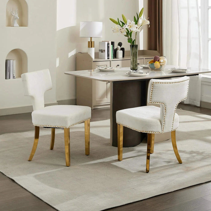 Mid Century Modern Dining Chairs Set of 2, Farmhouse Chenille Fabric Upholstered Accent Chair Curved Backrest with Copper Nails around,Kitchen Chairs with Golden Stainless Steel Plating Legs, Beige Default -DTYStore