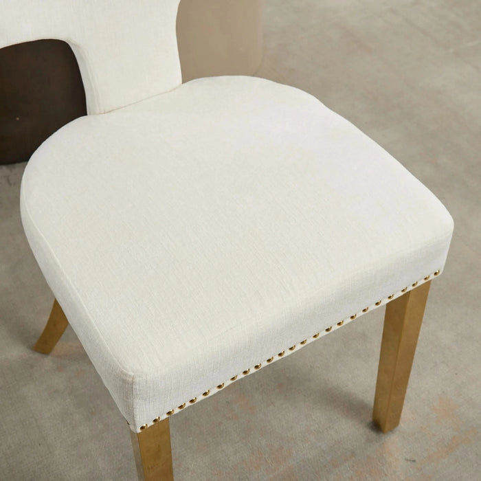 Mid Century Modern Dining Chairs Set of 2, Farmhouse Chenille Fabric Upholstered Accent Chair Curved Backrest with Copper Nails around,Kitchen Chairs with Golden Stainless Steel Plating Legs, Beige Default -DTYStore