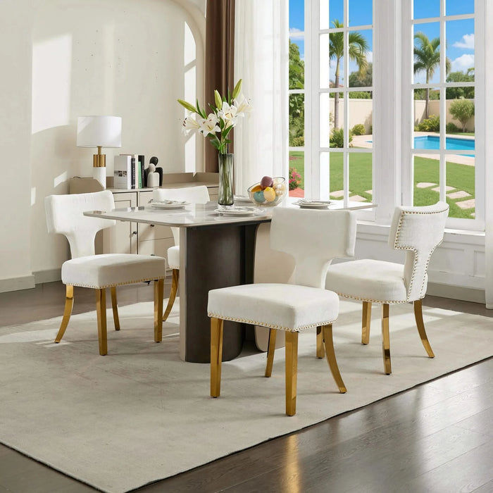 Mid Century Modern Dining Chairs Set of 2, Farmhouse Chenille Fabric Upholstered Accent Chair Curved Backrest with Copper Nails around,Kitchen Chairs with Golden Stainless Steel Plating Legs, Beige Default -DTYStore